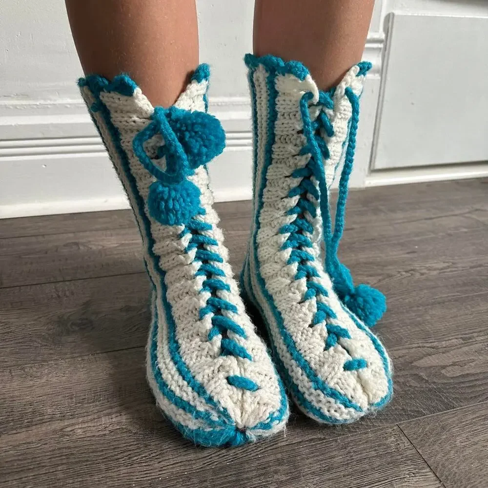 Vintage Knit Woven Crochet Striped Pom Pon Lace Up Leg Warmers Socks Booties